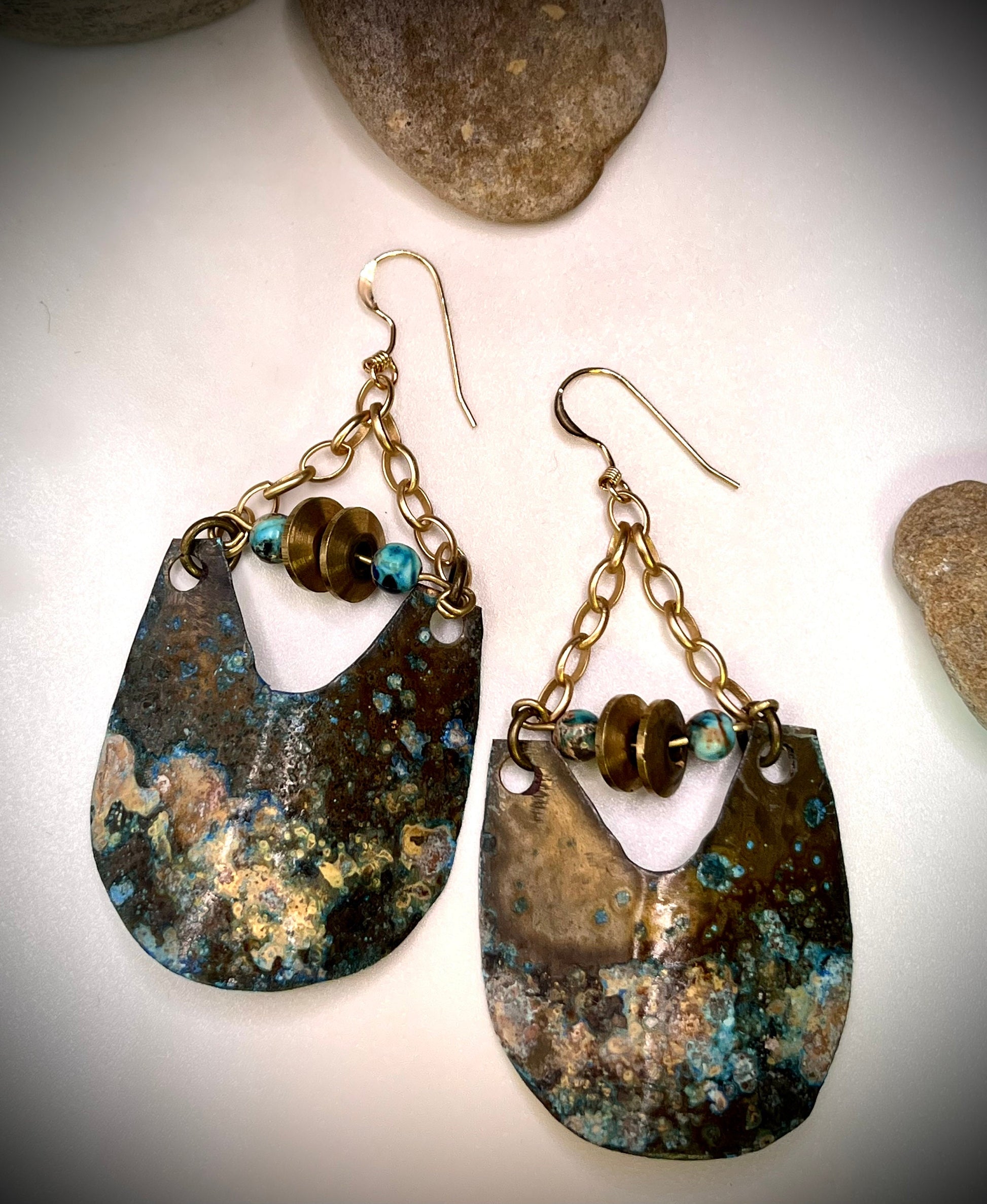 Brass earrings with patina